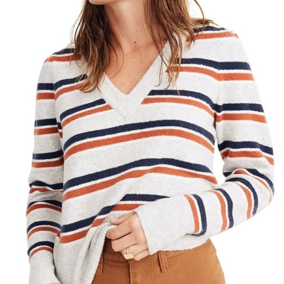 MADEWELL BNWT V-Neck Womens Sweater New Striped - Picture 1 of 11